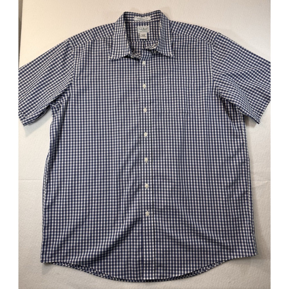 LL Bean Shirt Mens XLT Blue Check Short Sleeve Button Down Cotton Casual EUC